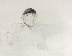 a black and white drawing of a woman sitting on a couch with her head turned to the side