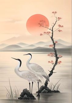 two white birds are standing in the water near a tree with red flowers on it