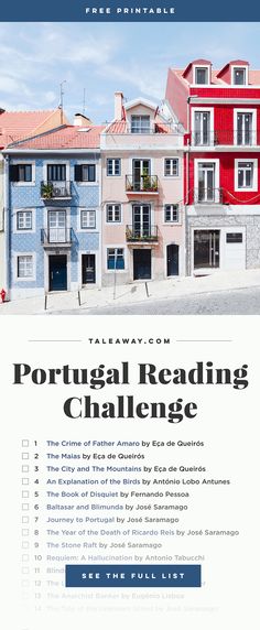 a poster with the words portugal reading challenge written in front of some colorful buildings and blue sky