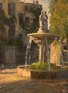 a painting of two people standing on top of a fountain in the middle of a courtyard