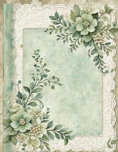 an old fashioned photo frame with flowers and leaves on the border, in pastel green tones