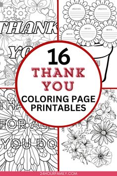 coloring pages with the words thank you and flowers in red, black and white colors