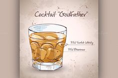 an old fashioned poster with a glass of cocktail and ice cubes on the side