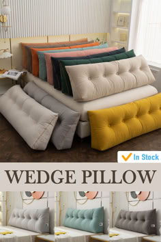 a collage of different types of couches in various colors and sizes, with the words wedge pillow on each side