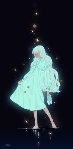 a girl in a white dress is standing on the water with stars above her head