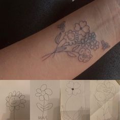 four different pictures of flowers and birds on the arm, one is drawn with markers