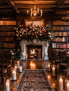 Charming Library Wedding Ceremony Snowy Wedding Venues, Library Wedding Ceremony, Indoor Proposal, Fireplace Wedding Ceremony, Schoolhouse Wedding, Gilded Wedding, Historic Library, Fireplace Backdrop, Winter Wedding Ceremony