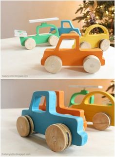 three wooden toy cars sitting on top of a table