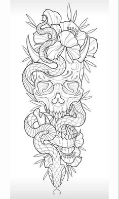 a line drawing of a skull and snake