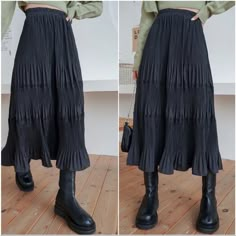 Black Luxe High Waisted Pleated Ruffle Maxi Skirt S M L Xl, 100% Polyester, Ships In 7-8 Days Long Flowy Black Skirt, Alternative Maxi Skirt Outfit, Punk Maxi Skirt, Fall Maxi Skirts, Alternative Adult Fashion, High Waist Elastic Maxi Skirt, Flowy Black Maxi Skirt, Long Black Skirt Aesthetic, Nonbinary Femme Fashion