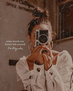 a woman taking a selfie with a camera in front of her and the words some words are better left behind