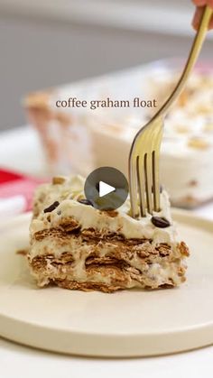 a person is holding a fork over a piece of cake on a plate with the words coffee graham float