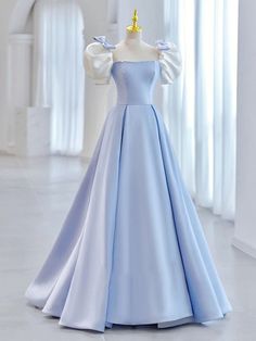 Blue Satin Prom Dress, Satin Prom Dress Long, Princess Evening Dress, Formal Dresses Graduation, Evening Dresses With Sleeves, Satin Short, A Line Prom Dresses, Dresses Elegant, Prom Dresses Blue