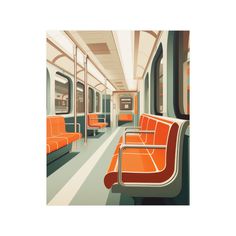 the interior of a train with orange seats