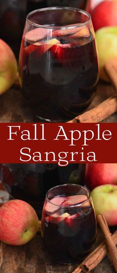 fall apple sangria with cinnamon sticks and apples in the background