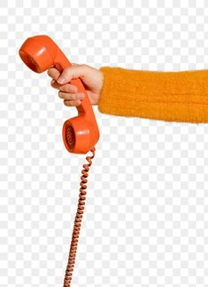 an orange telephone is being held by someone's hand with the cord extended to it