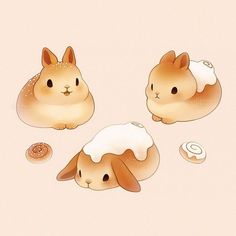 three cute little bunnies sitting next to each other on a pink background with donuts