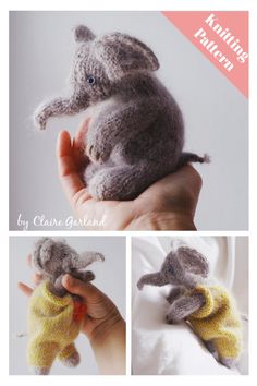 the stuffed animal is wearing a sweater and holding it in its hand, with three different pictures