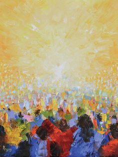 an abstract painting of people standing in front of a large cityscape at sunset