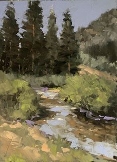 an oil painting of a stream in the woods