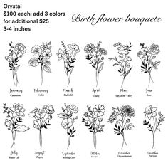 an image of flowers that are drawn in black and white with the words crystal $ 100 each