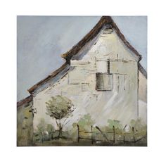 a painting of a white building with trees in the foreground