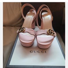 Brand New In Box! Down Sizing Collection. Sad To See These Go, Such A Gorgeous Pink For Spring! Size 7.5 Us. Pink Low Heels, Pink Strappy Heels, Gucci Flip Flops, Gucci Pink, Shoes Gucci, Wedge Espadrilles, Leather Thong Sandals, Strap Wedge, Chunky Sandals