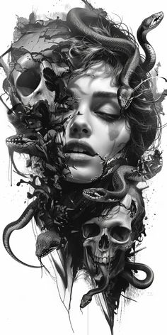 a woman's face is surrounded by skulls and snakes, with her eyes closed