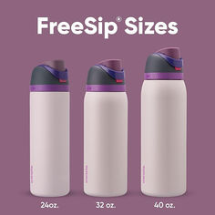 three white and purple water bottles with the words freesip sizes in front of them