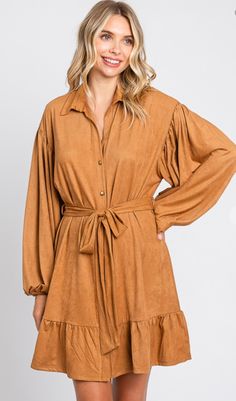 Flirty Dresses, Black Camel, Suede Dress, Winter Vibes, Dress With Long Sleeves, Cute Woman, Collar Dress, Tie Belt, Dress Designs