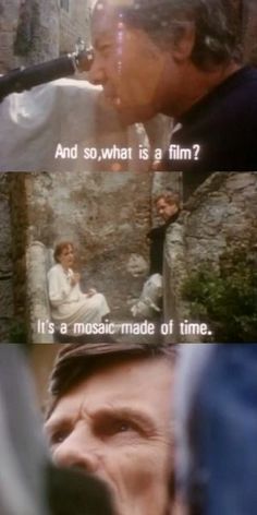 two men talking to each other in front of a brick wall with the words, and so what is 9 film? it's a mosaic made of time