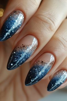 Blue Glitter Nails Acotar Nails Ideas, Night Court Nails Acotar, Midnight Sky Nails, Acotar Nails, Midnight Nails, Juliana Nails, Elegant Touch Nails, Blue Glitter Nails, Pastel Nails Designs