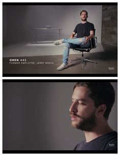 two different shots of a man sitting in a chair