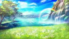 a painting of a waterfall in the middle of a green field with trees and flowers