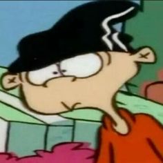 an animated image of a man with glasses and a hat on his head looking at something in the distance