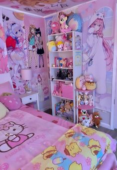 a bedroom decorated in pink and yellow with hello kitty decor on the walls, teddy bear bedspread, and stuffed animals