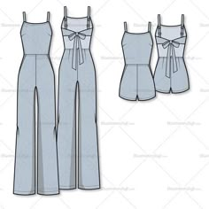 three women's jumpsuits with ties on the front and back, one in blue