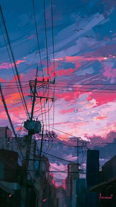 the sky is pink and blue with some power lines