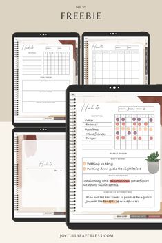 three notebooks with the text freebie on them, and an image of a potted