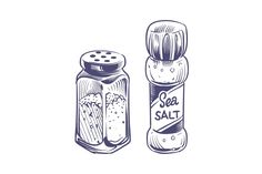 two salt and pepper shakers with the words sea salt written on them in black ink