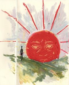 a drawing of a man standing in front of a red sun