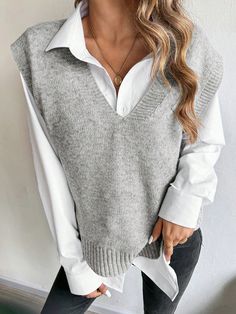 Women's Solid Color V-Neck Minimalist Sweater Vest, Casual Daily Grey Casual   Fabric Plain  Slight Stretch Spring/Summer/Fall Women Clothing, size features are:Bust: ,Length: ,Sleeve Length: Plaid Sweater Vest, Look Boho Chic, Waistcoat Woman, Cable Knit Vest, Vest Sweater, Sleeveless Outfit, Winter Vest, Loose Knit Sweaters, Plaid Sweater