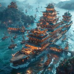 an artist's rendering of a floating city in the ocean with ships and boats around it