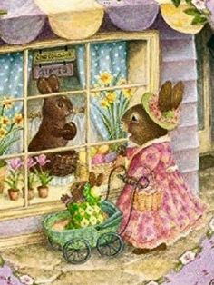 a painting of two rabbits in front of a window with flowers and a baby carriage