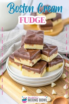 boston cream fudge bars stacked on a plate