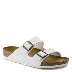 Peltz Shoes  Women's Birkenstock Arizona Birk-Flor Sandal - Narrow Width WHITE 552683 N Birkenstock White, White Birkenstocks, Birkenstock Sandals Arizona, Simple Sandals, Birkenstock Women, Footbed Sandals, Silver Sandals, Birkenstock Sandals, Birkenstock Arizona