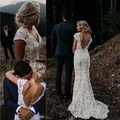 the back of a bride's dress as she walks up a hill with her groom