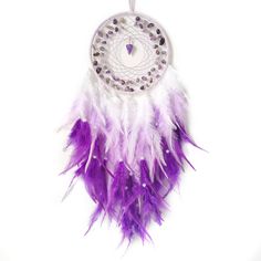 a purple and white dream catcher hanging from a string