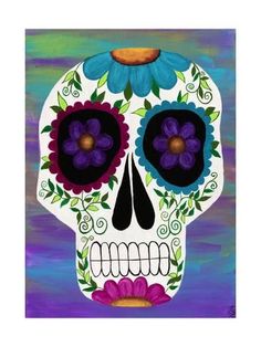 a painting of a skull with flowers on it