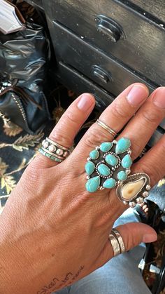 Giant cluster ring. Adjustable. Solid sterling silver. Natural turquoise. Handmade in Mexico. Turquoise Ring Stack, Unique Multi-stone Turquoise Ring In Sterling Silver, Laney Wilson, Cowboy Ring, Ring Stacks, Boho Soul, Cowgirl Bling, Ring Stack, Western Jewelry